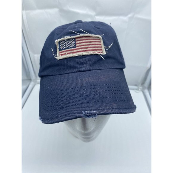 Blue Cotton Baseball Hat Tattered w/ American Flag Cap Adjustable Strap-back - Picture 1 of 6